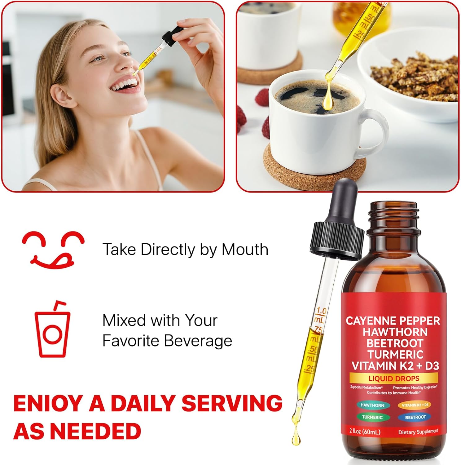 Cayenne Pepper Drops, Cayenne Pepper Supplement Liquid Drops, Cayenne Peppers Extract, Hawthorn Beet Root Turmeric Curcumin, Vitamin K2 & D3, Gentle Formula, Vegan-Friendly, Easily Absorbed