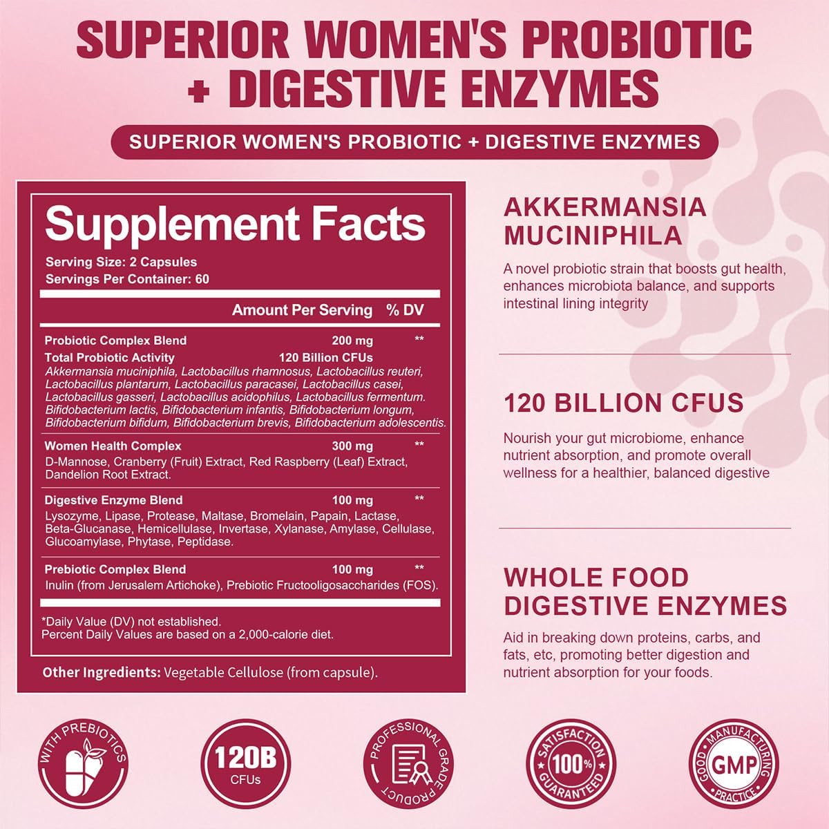 Probiotics for Women, 120 Billion Women Probiotic, Digestive Enzymes & Prebiotics, with Akkermansia, Cranberry, D-Mannose, for Gut, Vaginal, Urinary, Immune, PH Balance, 120 Vegan Capules