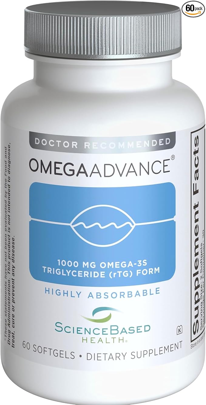 ScienceBased Health OmegaAdvance Omega-3 Fish Oil – Triglyceride Form with 1000 mg EPA & DHA – Plus Lutein & Zeaxanthin – Supports Heart, Brain & Eye Health – Lemon Coated – 60 Softgels