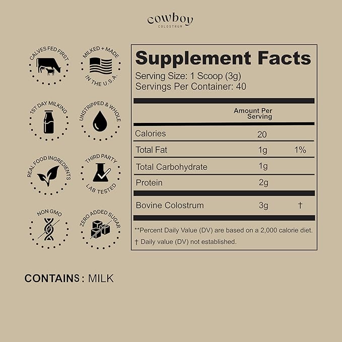 COWBOY COLOSTRUM Powder - Bovine Colostrum Powder for Women & Men - First Day Milking Whole Colostrum - Grass Fed Colostrum Supplement for Gut Health, Immunity, Skin & Hair (Unflavored, 40 Servings)