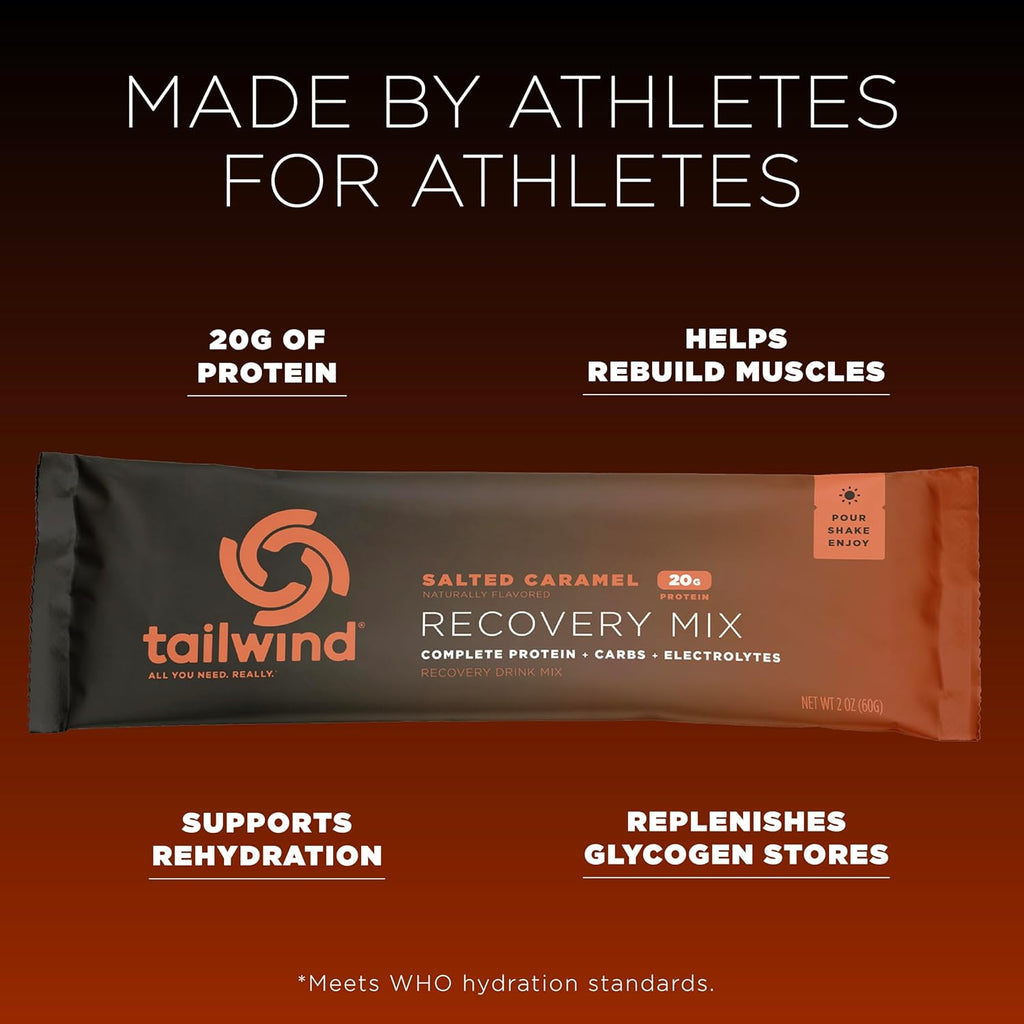 Tailwind Nutrition Recovery Mix, 20 Grams Complete Protein, Carbohydrates, and Electrolytes Powder Drink Mix for Post-Workout, Free of Gluten, Soy, and Dairy, Vegan, 12 Servings, Salted Caramel