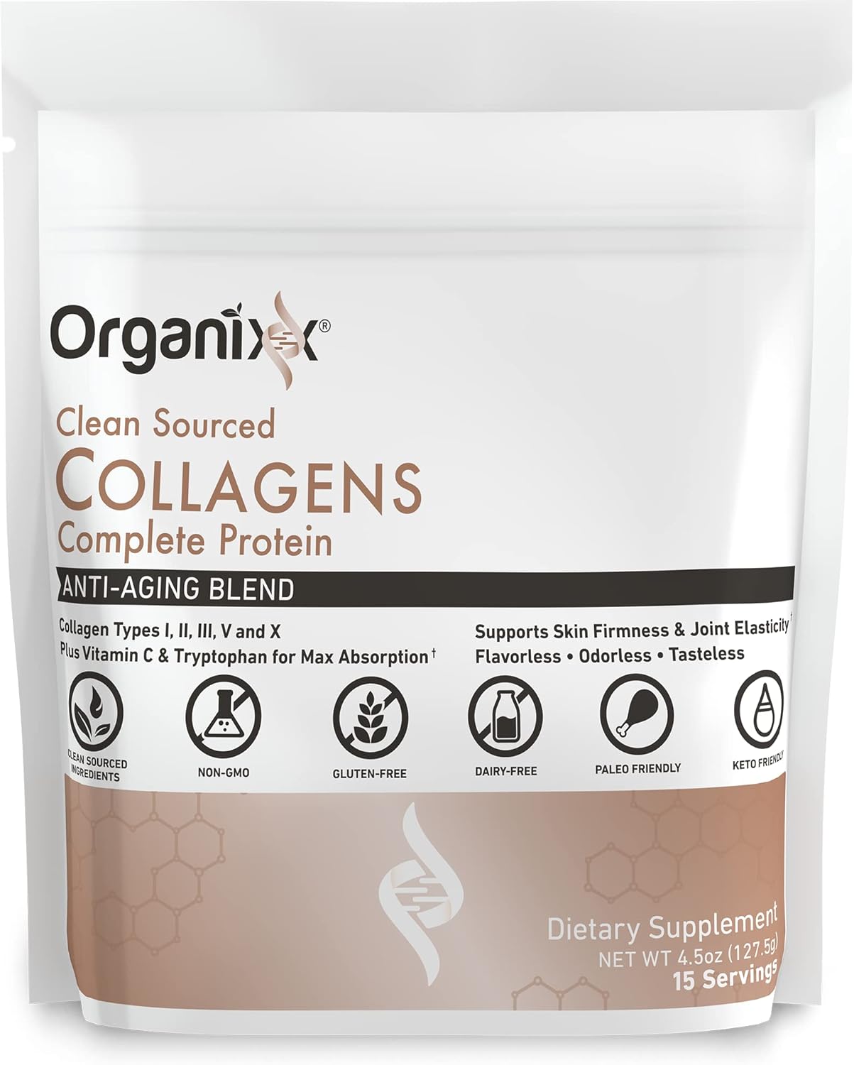 Organixx Collagen Peptides Powder with Vitamin C, Types I, II, III, V, X Hydrolyzed Collagen, Hair, Nail, Skin, Bone & Joint Health, Aging Support, Clean Sourced, Gluten Free, Unflavored, 15 Servings