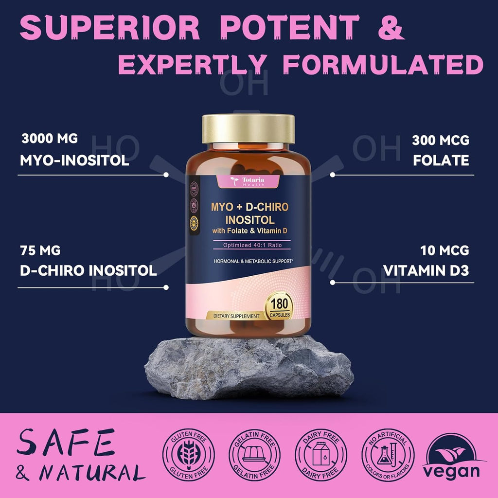 Inositol Supplement for Women with Vitamin D3, Folate, 40:1 Ratio Myo-Inositol & D-Chiro Inositol Complex, (Vitamin B8) Inositol Capsules, 180 Capsules, 60 Servings, 2 Month Supply