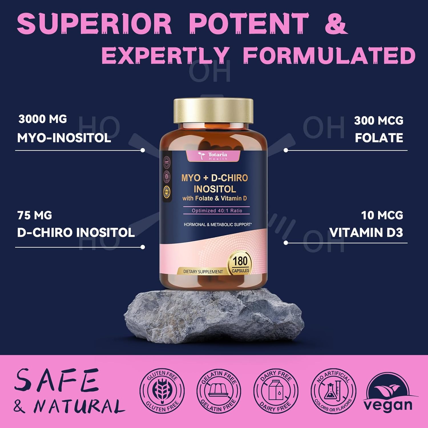Inositol Supplement for Women with Vitamin D3, Folate, 40:1 Ratio Myo-Inositol & D-Chiro Inositol Complex, (Vitamin B8) Inositol Capsules, 180 Capsules, 60 Servings, 2 Month Supply