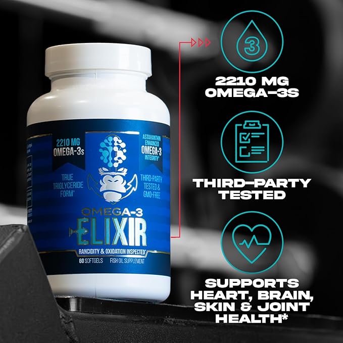 Gorilla Mind Omega-3 Elixir™ | 2210mg Fish Oil Re-Esterified Triglyceride Form | EPA, DHA + 2 Fatty Acids | Astaxanthin Infusion for Bolstered Integrity | 3rd Party & Rancidity Tested | 60 Softgels