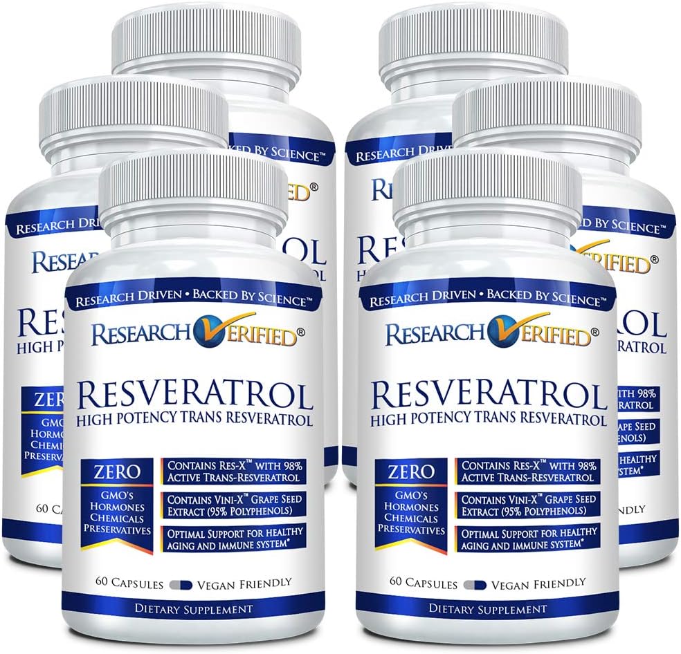 Research Verified Resveratrol - 98% Trans-Resveratrol 1000 mg, Anti-Aging Support - 60 Capsules per Bottle - 6 Bottles