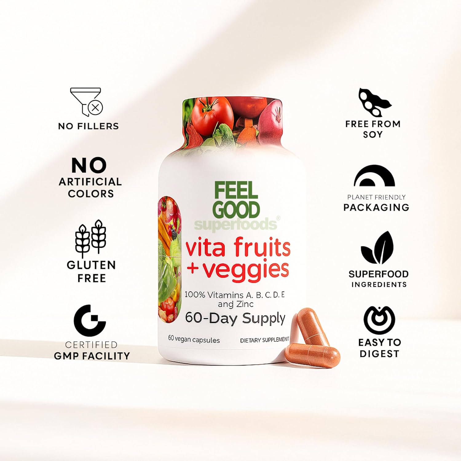 1000mg Immune Support Capsules Made with 25 Organic Fruits and Vegetables, Strong Immunity Boosters with Vitamins A, C, D3, and Zinc, 60 Count
