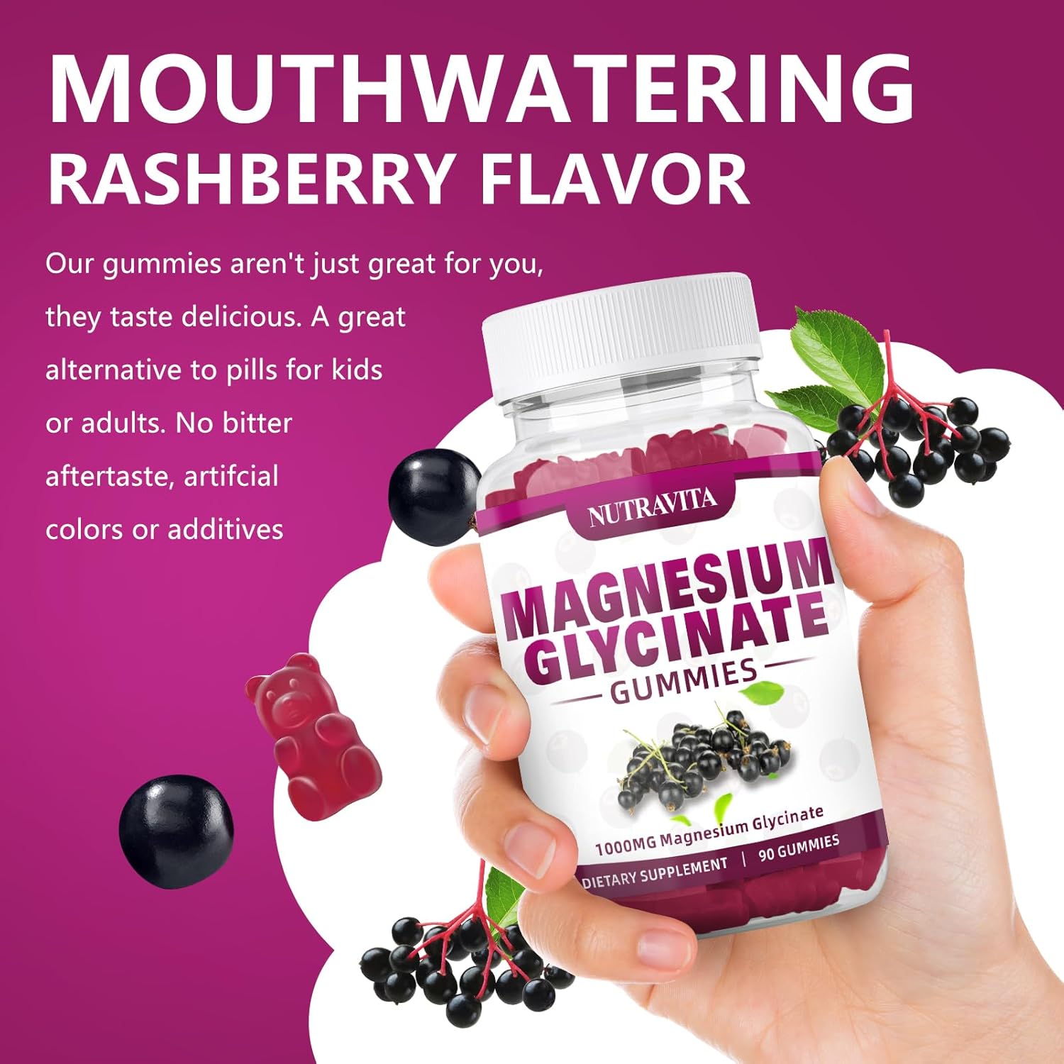 Magnesium Glycinate Gummies 1000mg with Magnesium L-Threonate,Chelated Magnesium Potassium Complex Supplement with VitD, B6, CoQ10, Calcium,Supports for Memory, Calm, Mood - 90 Elderberry Gummies