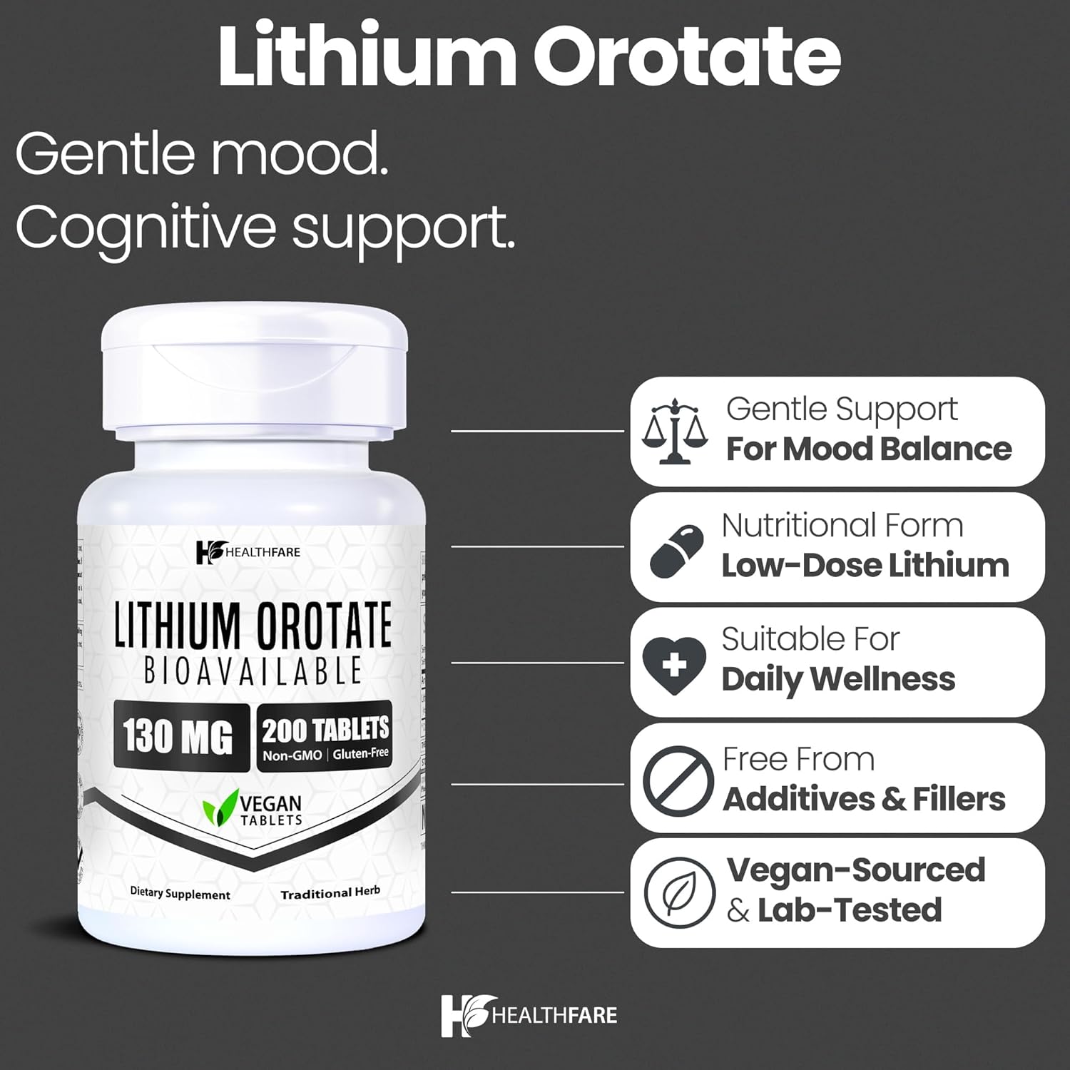 Lithium Orotate 130mg | 200 Veg Tablets | High Bioavailability | Gluten-Free | Non-GMO