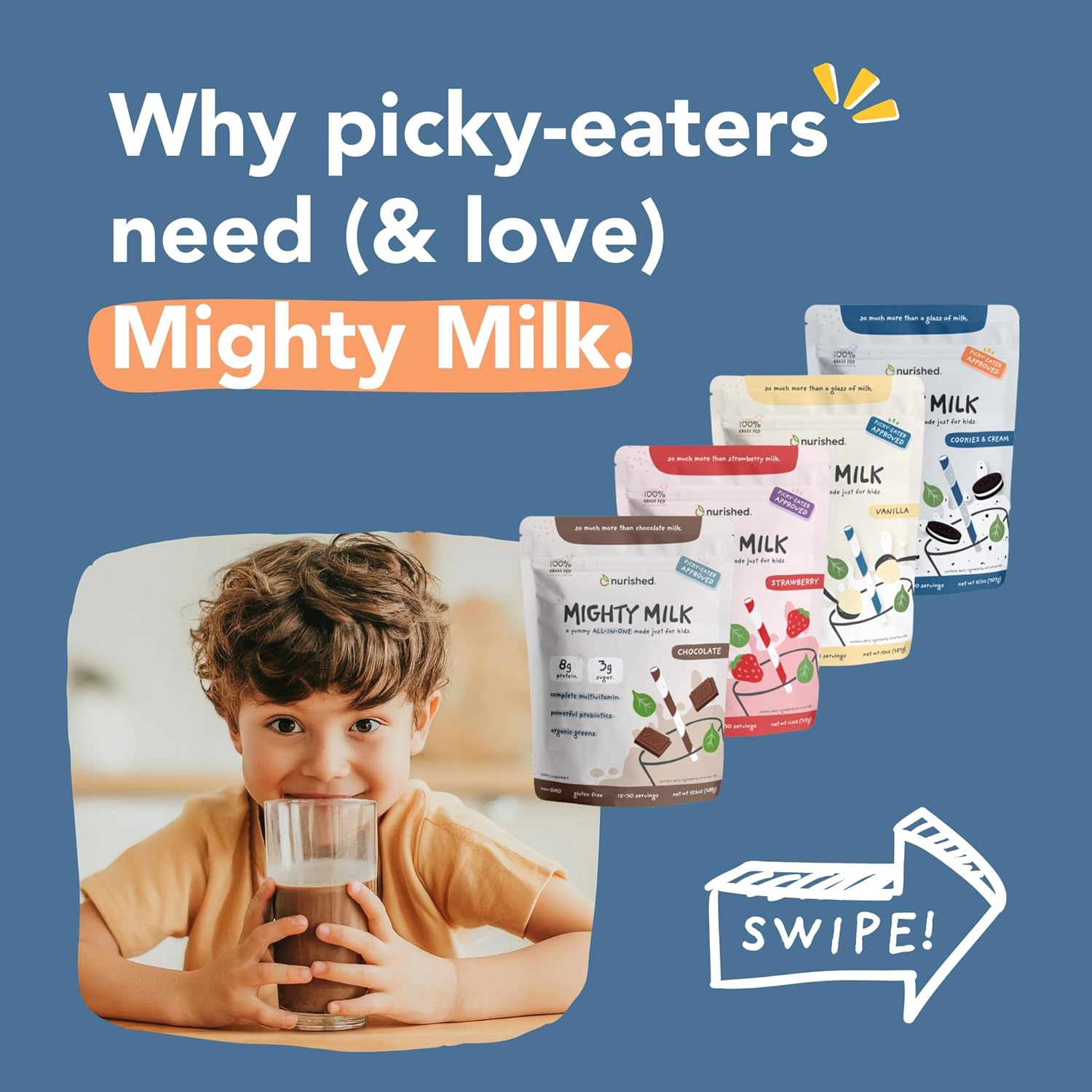 Mighty Strawberry Milk - Kids All-in-One Daily Protein Powder & Multivitamin Boosted with 2 Billion Probiotics & Organic Spinach - Natural Flavors, Colors & Sweeteners - 15-30 Servings