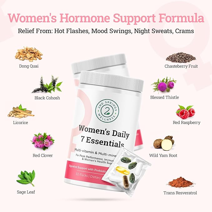 Daily 7 Essentials Women's Vitamin Pack -7 Pack Complete Women's Multivitamin Packet with Energy, Metabolism, Immune System, Female Health Support with Probiotics, More