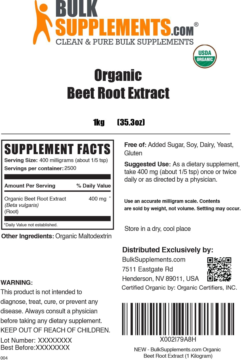 BulkSupplements.com Organic Beet Root Extract Powder - Organic Beet Root Powder, Superfood Supplement - Vegan & Gluten Free, 400mg per Serving, 1kg (2.2 lbs) (Pack of 1)