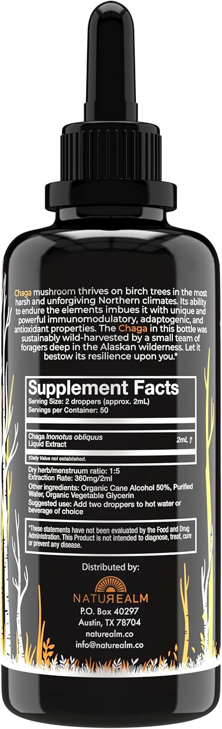 Naturealm Chaga Mushroom Liquid Tincture Supplement – Immune Support, Antioxidant Boost & Hair, Skin, Nail Health, Vegan, Non-GMO – Wild-Harvested Fruiting Bodies, 2 Month Supply