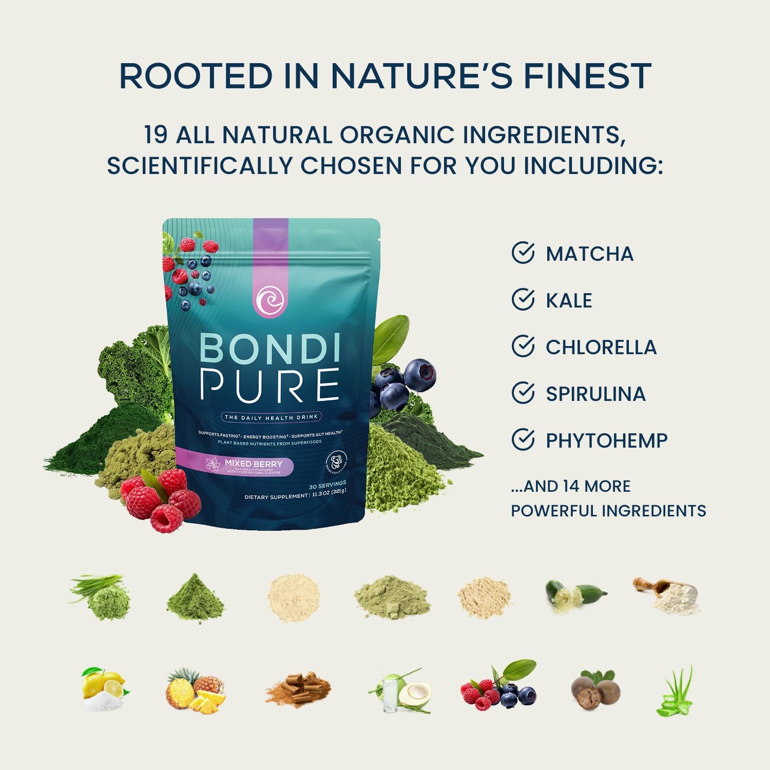 Bondi Pure - Daily Health & Detox Drink - Promote Gut Health & Energy Support During a Cleanse or Intermittent Fasting - Plant-Based Fibers, Alkalizing Super Greens - Berry (30 Servings) 3-Pack