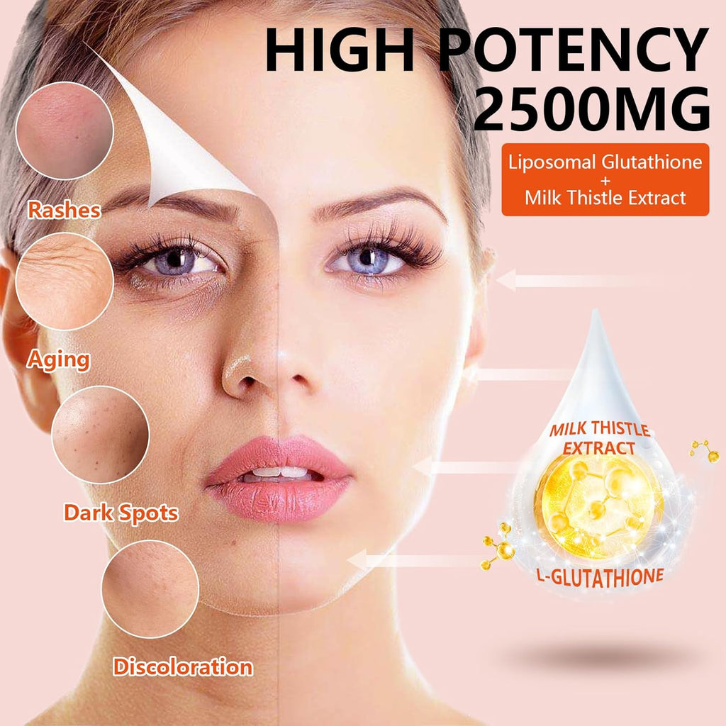2 Packs 2500MG Liposome Glutathione Gummies, Composite L-Cysteine, L-Glycine Synergies, Collocation Milk Thistle Protect Liver, Increas 98% Absorption Rate, Whitening Skin Antioxidant Anti-Aging