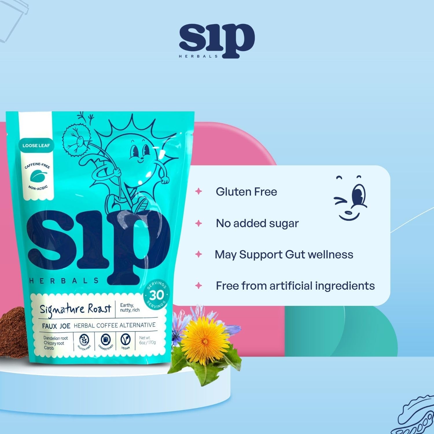 Sip Herbals Signature Roast Coffee Alternative Loose Leaf - Caffeine-Free Blend with Dandelion Root & Chicory - Smooth Roasted Flavor, Vegan & Herbal Drink, As Seen on Shark Tank - 30 Servings