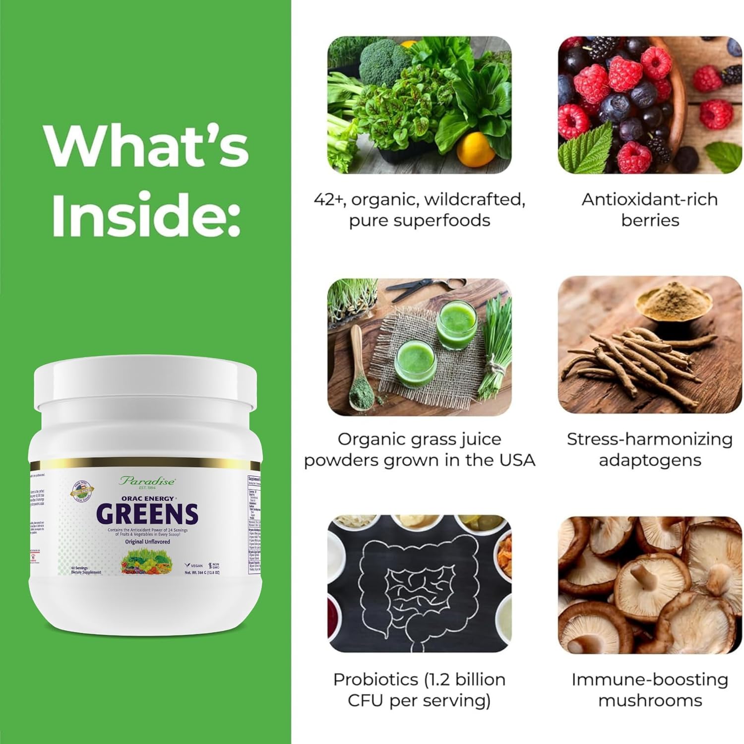 Paradise, ORAC Energy Greens Powder Extract, Super Antioxidants, Probiotics for Gut Health & Digestion, Vitamin C for Immunity, with Spirulina & Chlorella, Non-GMO, Gluten Free, 60 Servings