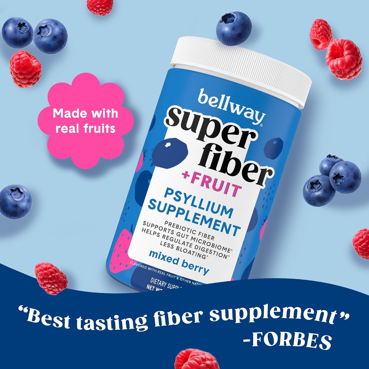 Bellway Super Fiber Powder + Fruit, Sugar Free Organic Psyllium Husk Powder Fiber Supplement for Regularity, Bloating Relief & Digestive Health, Plant-Based, Mixed Berry (50 Servings)