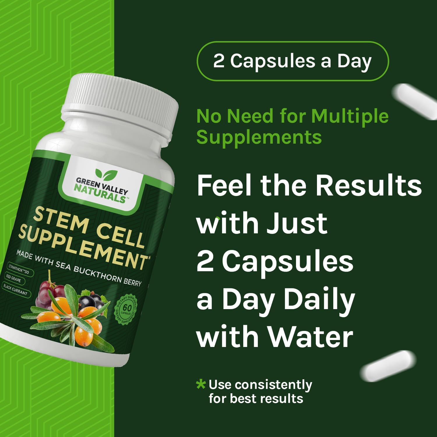 Stem Cell Supplement - Organic Tibetan Sea Buckthorn-Resveratrol, Vitamin D, Bishop's Hat Extract (1 Bottle, 60 Count)