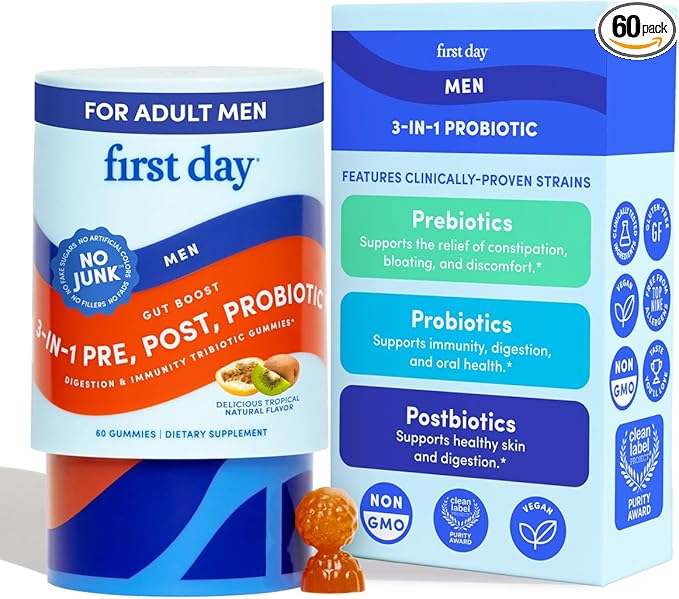 FIRST DAY 3 in 1 Probiotics for Men - Prebiotic, Probiotic & Postbiotic Supplement – Mens Probiotic for Digestive Health, Oral Health, Immune Function, Energy, Gut Health for Men – 30-Day Supply