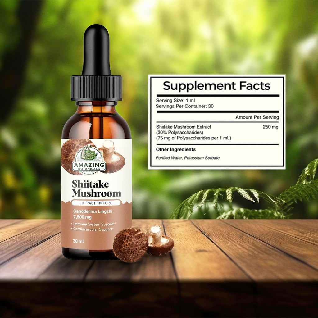Shiitake Mushroom Extract Tincture - 7,500mg Immune Support Supplement Containing 30% Polysaccharide in Each - Powerful Antioxidant for Overall Wellbeing, Vegan, Sugar & Alcohol-Free Drops – 1oz/30mL