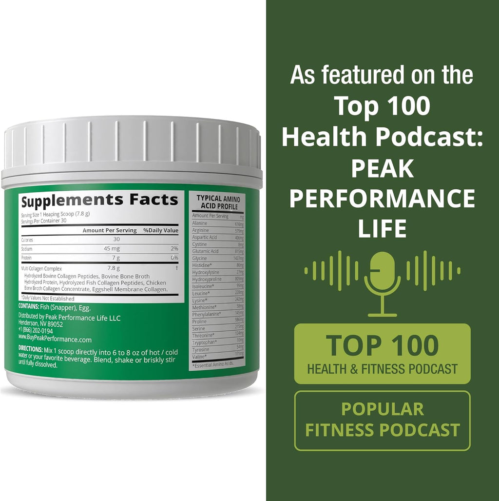 Peak Performance All 5 Multi-Collagen Protein Powder Peptides Multi-Collagen Contains All Types I, II, III,V, X. Keto, Paleo Friendly with Hydrolyzed Bovine, Marine, Chicken, Bone Broth Collagens