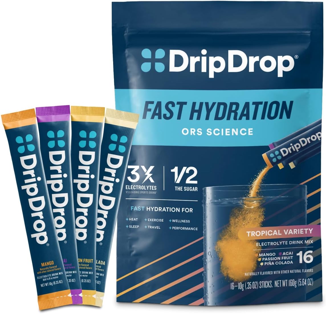 DripDrop Hydration Packets - Tropical Variety Pack - Single Serve Electrolytes Powder Drink Mix - Mango, Açaí, Passion Fruit, Piña Colada - Non-GMO, Gluten Free, Vegan - 16 Sticks
