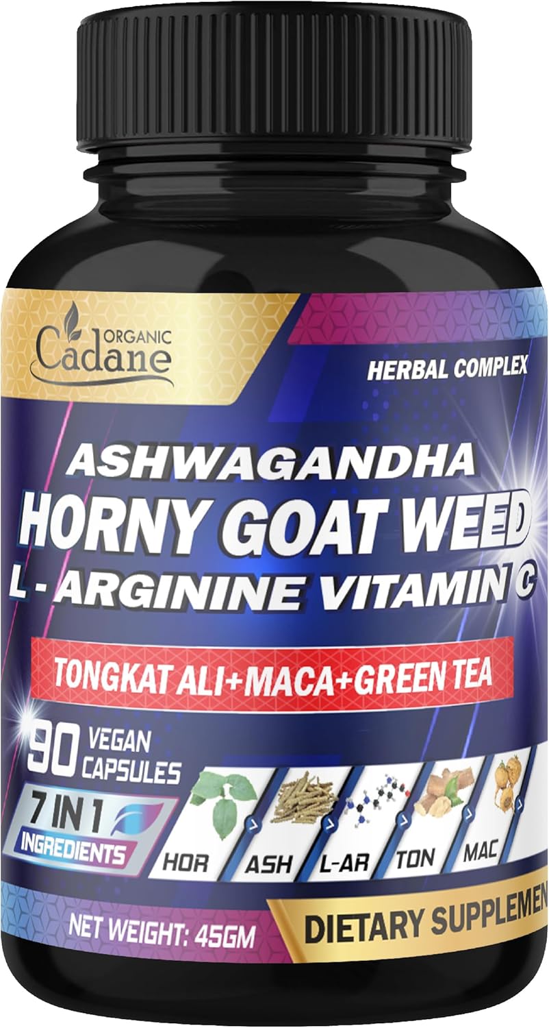 Organic Cadane Horny Goat Weed Supplement - 7in1 Blended with VIT C, Ashwagandha Root, L-Arginine & More - 90 Capsules