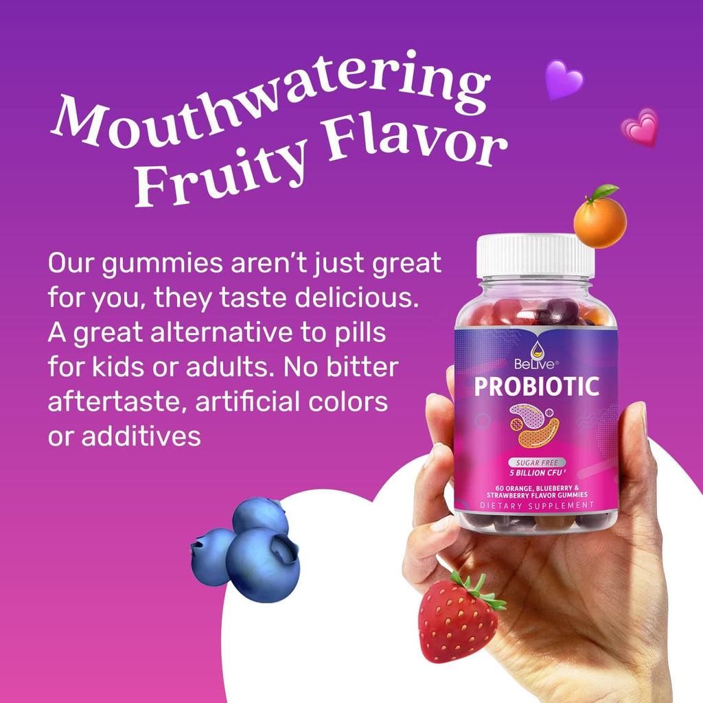 BeLive Probiotic Gummies - Probiotics with 5 Billion CFUs for Digestive Health, Men, Women & Kids Probiotic Supplements for Immune Support, Sugar Free & Vegan – Blueberry, Strawberry & Orange | 2-Pack