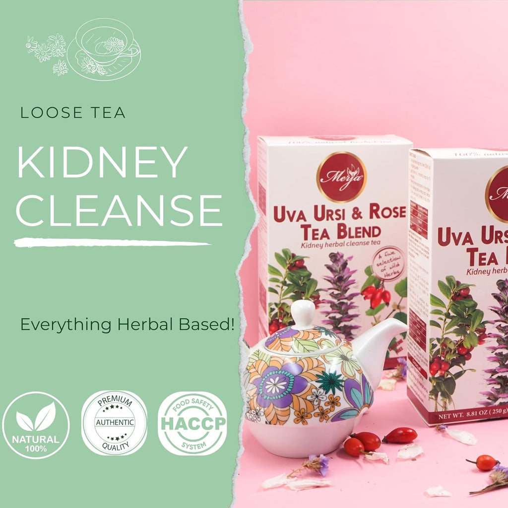 Merja Herbs Uva Ursi & Rose Tea - Kidney Support & Cleanse - Mediterranean Loose Tea - Caffeine Free - 100% Natural & Premium Quality 250gr 8.82 oz