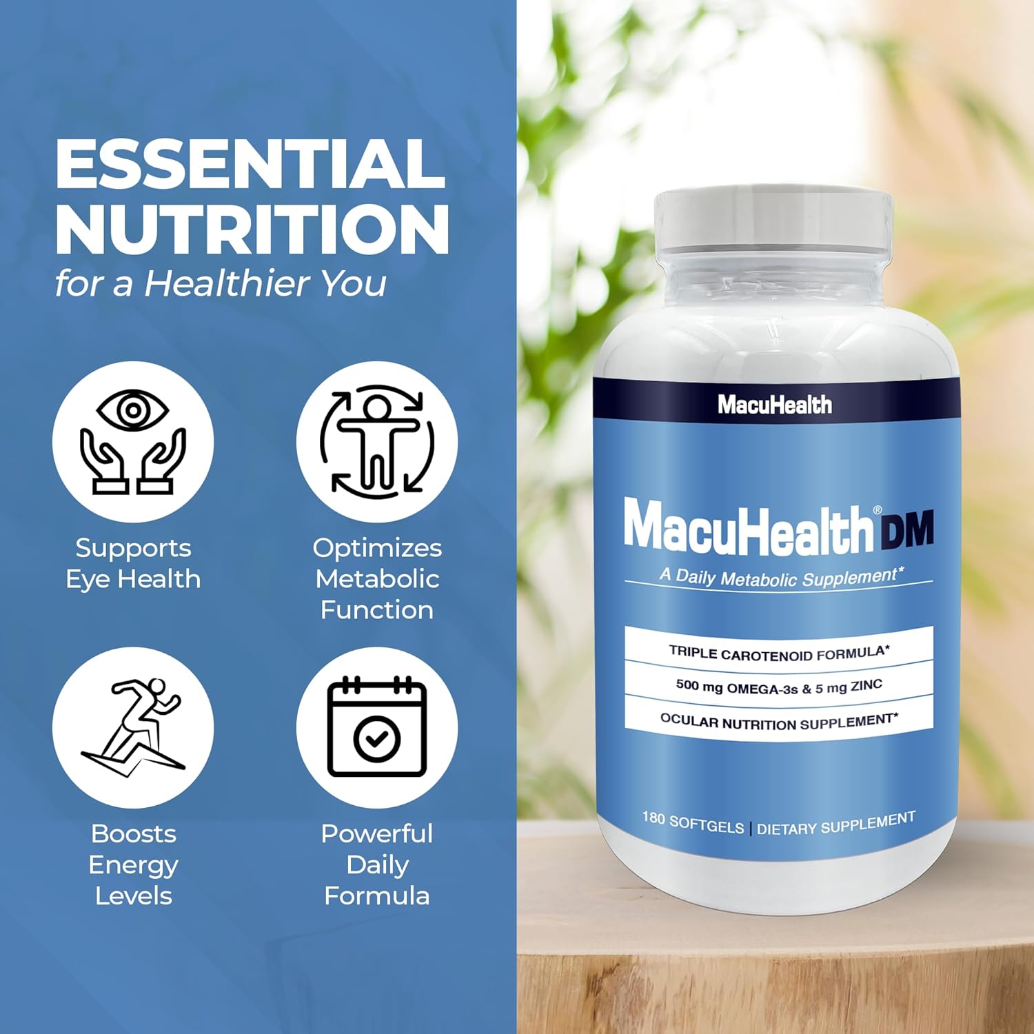 Macuhealth Daily Metabolic Triple Carotenoids, with EPA/DHA Omega-3 - Vital Minerals with Zinc – 180 Softgels for Long-Lasting Use