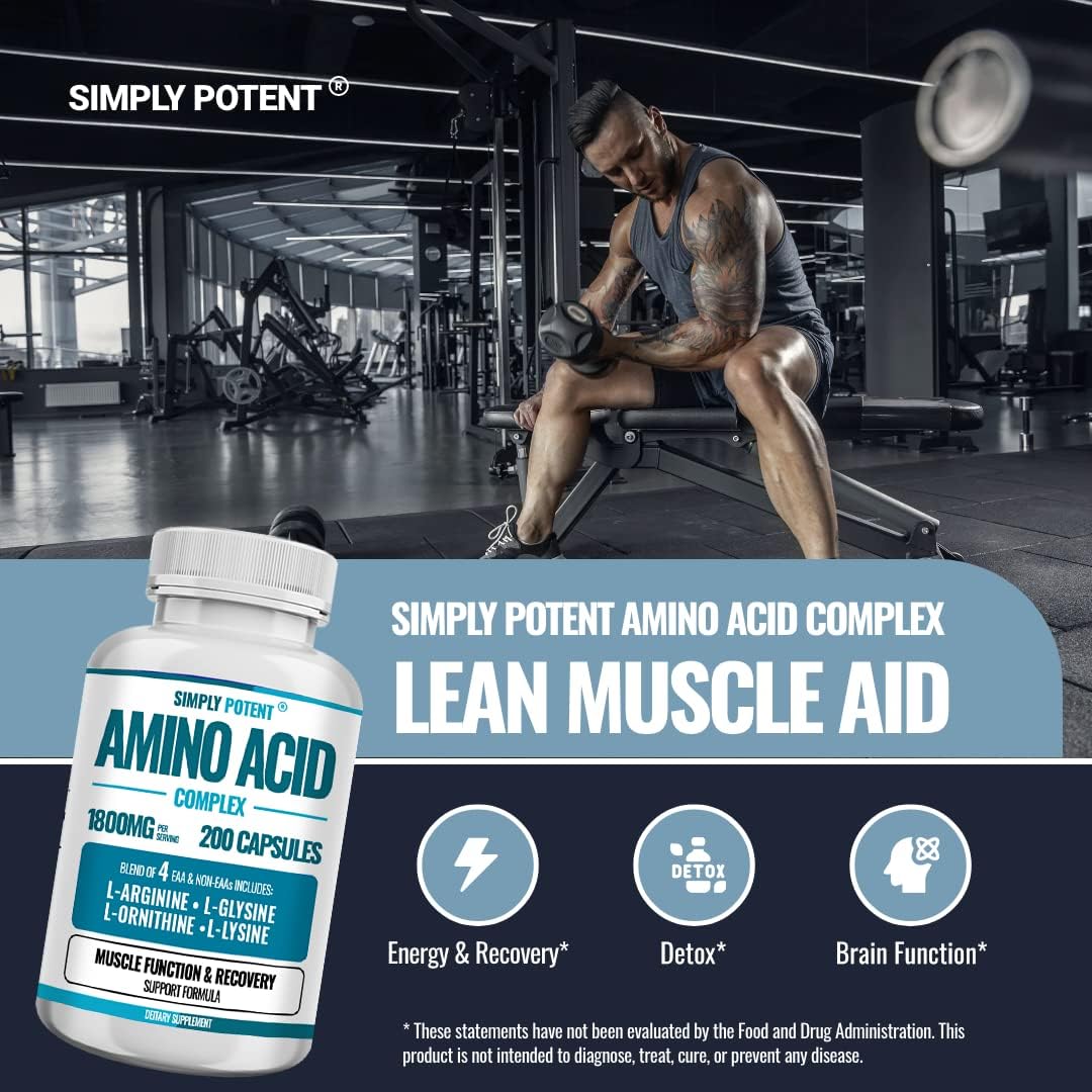 Simply Potent Amino Acid Complex 1800mg 200 Capsules, Blend of 4 Essential and Non Essential Amino Acids, Includes L-Arginine 550mg, L-Ornithine 500mg, L-Glysine 400mg & L-Lysine 350mg for Muscle