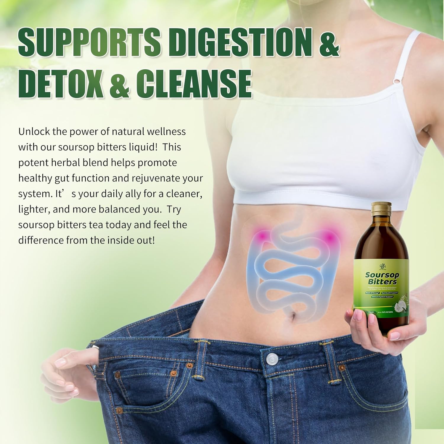 Soursop Bitters Liquid with Black Seed,Moringa & Turmeric for Digestive & Gut Cleanse, Antioxidant,Skin Health,Cell Regeneration,Immune & Mood Support,Pure 15 Herb Soursop Tea 16 fl oz