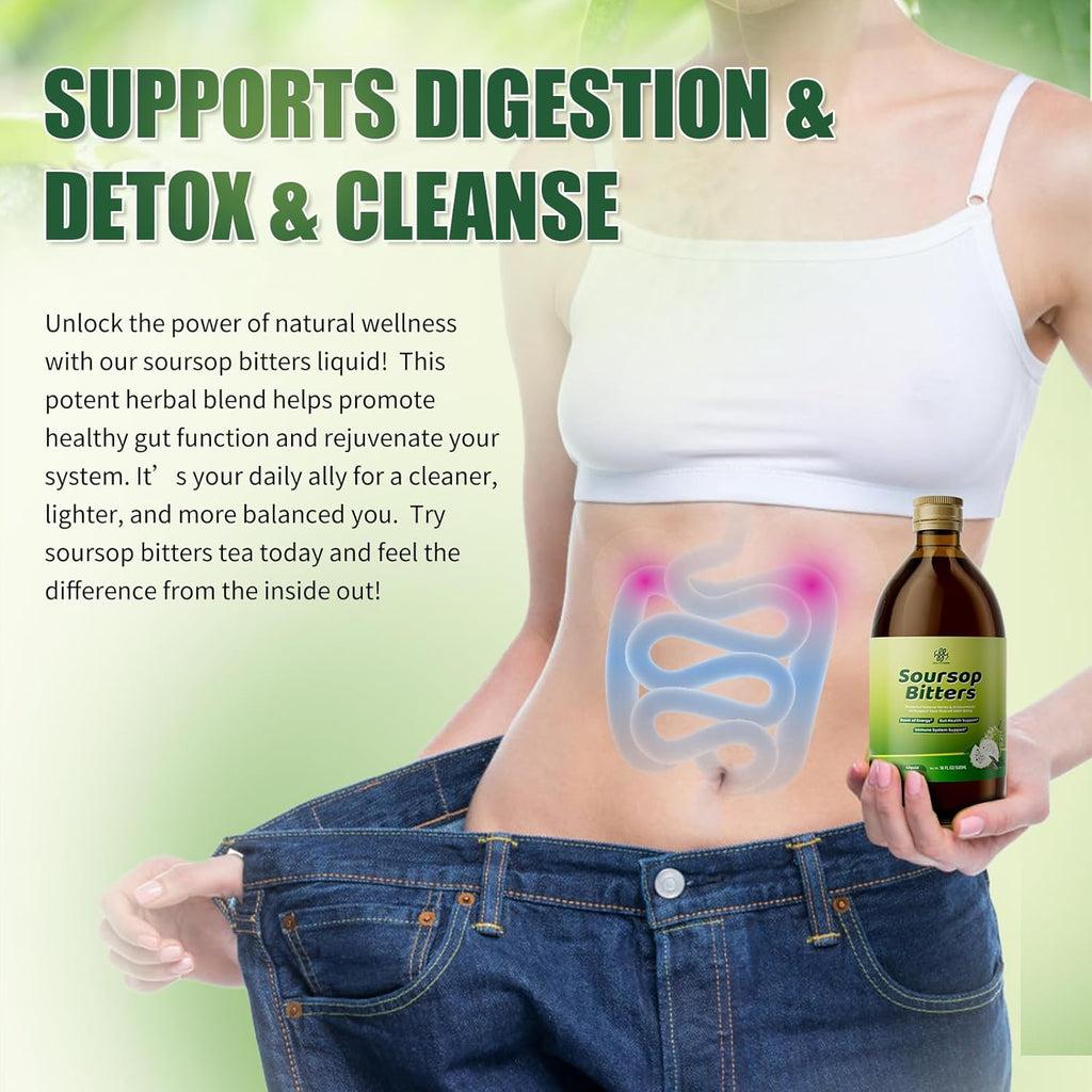 Soursop Bitters Liquid with Black Seed, Turmeric & Moringa-Pure 15 in 1 Herb Soursop Tea for Immune System, Digestive & Gut Health, Antioxidant,Skin Health Support 8 fl oz