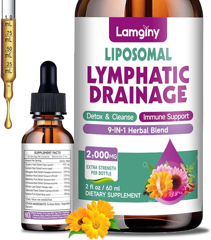 Liposomal Lymphatic Drainage Drops, 9-In-1 Lymphatic Drainage Supplements for Detox & Cleanse, with Echinacea, Dandelion, Elderberry, Burdock Root & Cleavers, Immune & Lymph System Support, 2 FL OZ