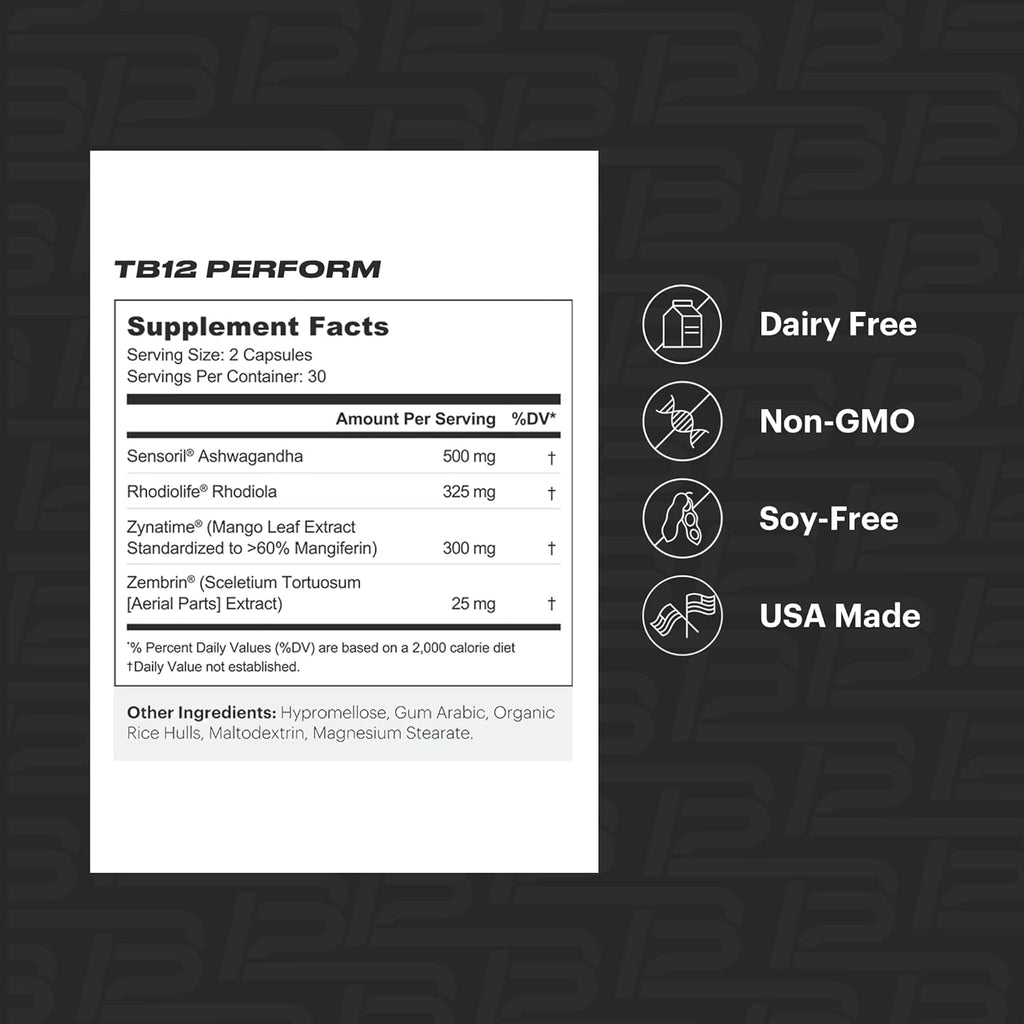 TB12 Perform - Premium Performance Supplement with Mango Leaf, Sceletium, Rhodiola, and Ashwagandha to Promote Steady Energy, Aid Focus and Cognitive Function, and Support Mood and Stress