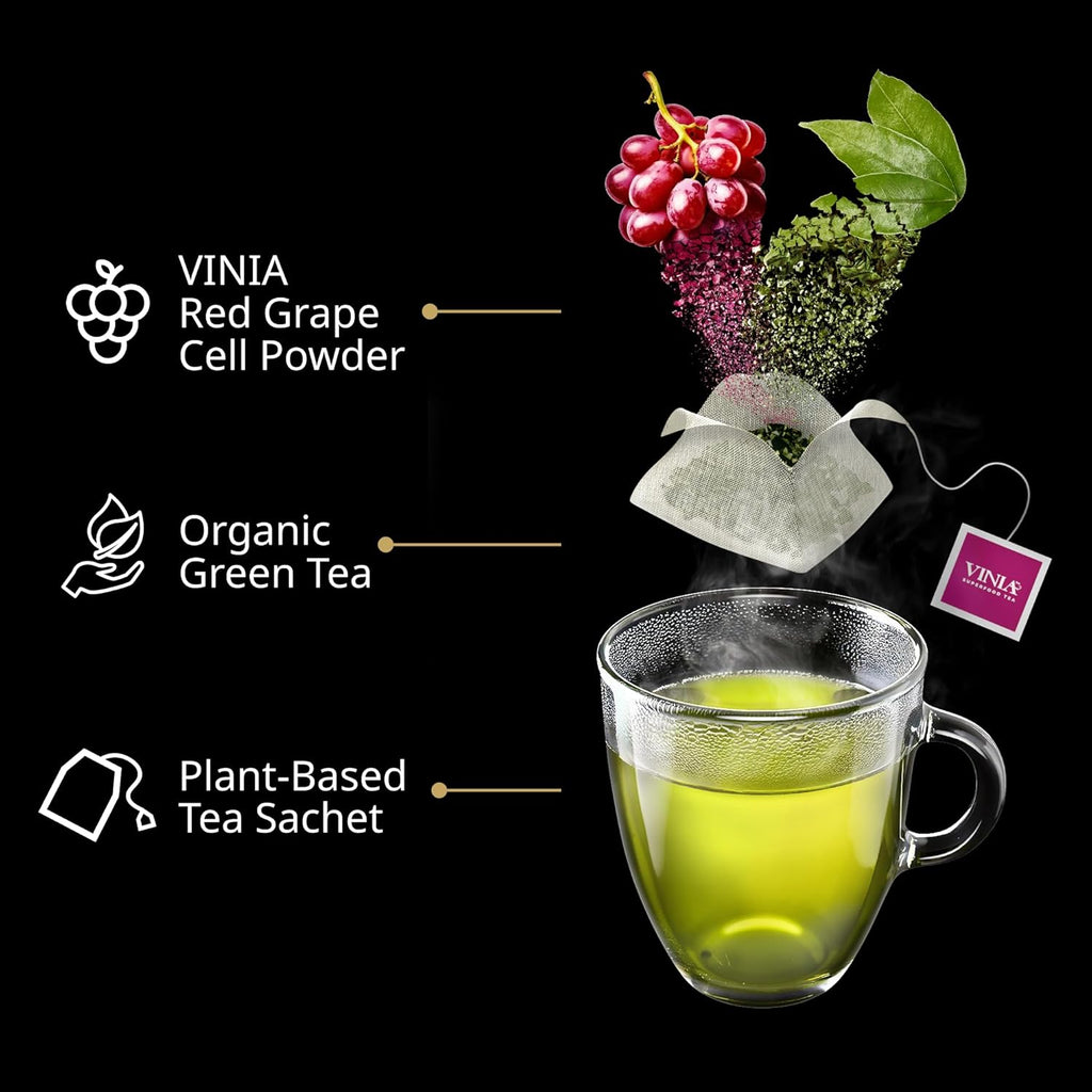 VINIA Signature Green Tea Bags, Made with Organic Green Tea, Infused with Piceid Resveratrol for Heart Health, Nitric Oxide, Physical Energy, Alertness, Blood Flow, Keto, Kosher, NON-GMO. 30 Ct