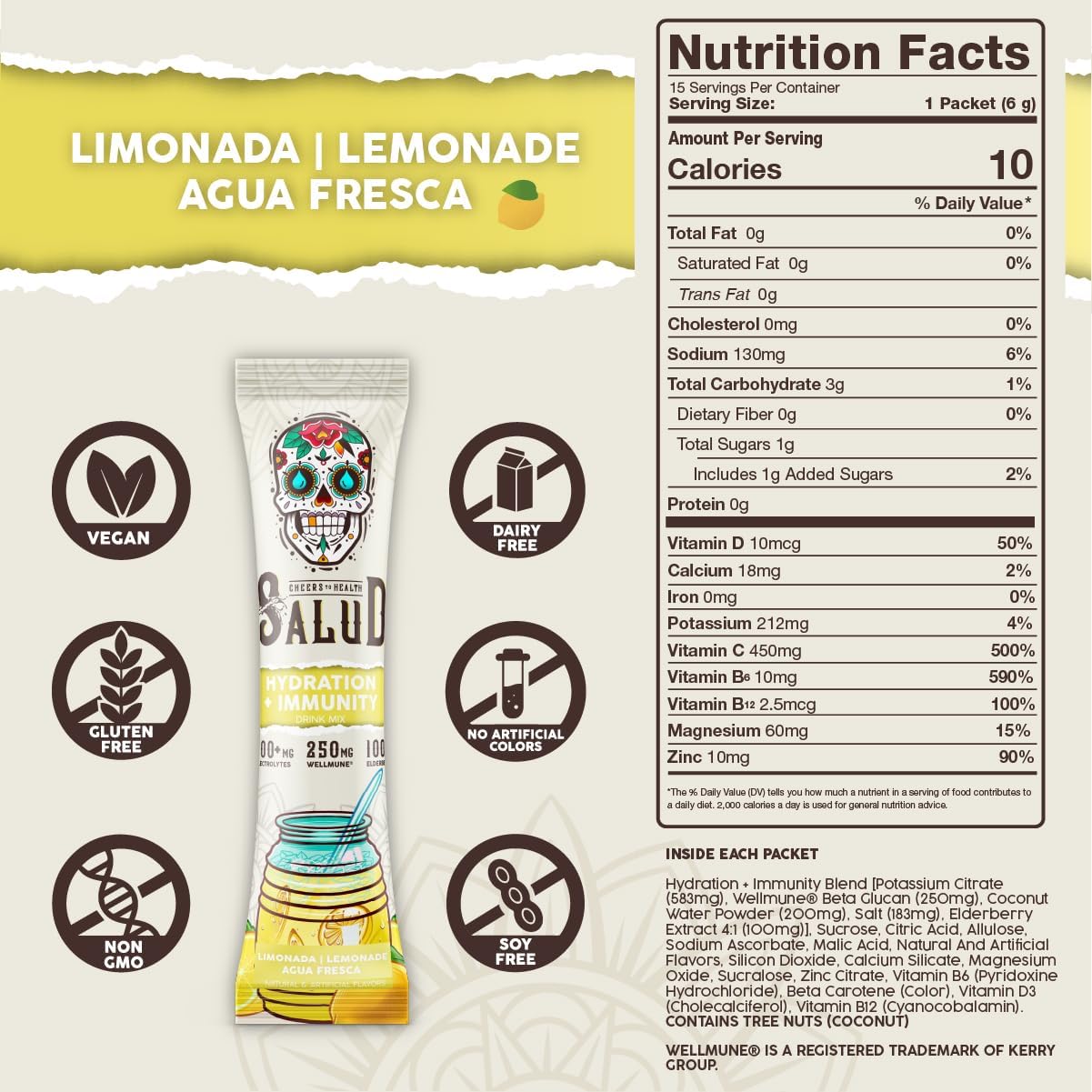 Salud 2-in-1 Hydration Packets + Immunity Electrolytes Powder, Lemonade - Agua Fresca Drink Mix, Elderberry, Dairy & Soy Free, Non-GMO, Gluten Free, Vegan, Low Calorie, 1g Sugar (15 Servings)