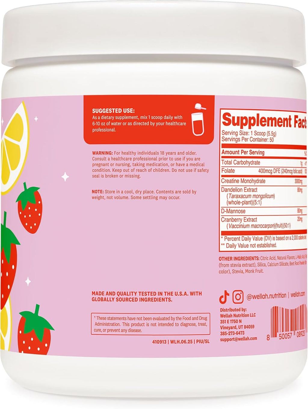 Wellah Creatine for Women - Creatine Monohydrate with Dandelion & Cranberry Extract (50 Servings, Strawberry Lemonade)