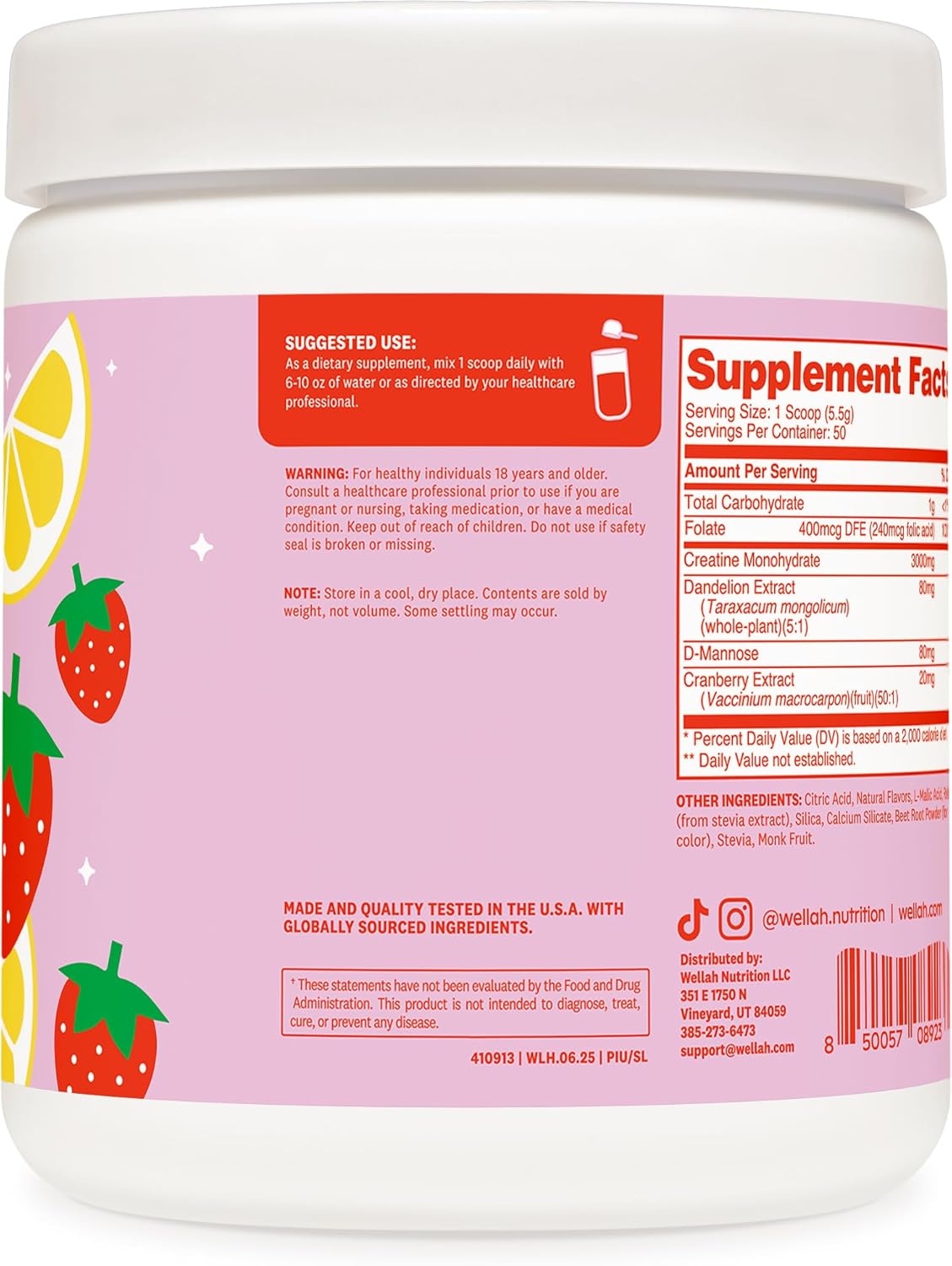 Wellah Creatine for Women - Creatine Monohydrate with Dandelion & Cranberry Extract (50 Servings, Strawberry Lemonade)
