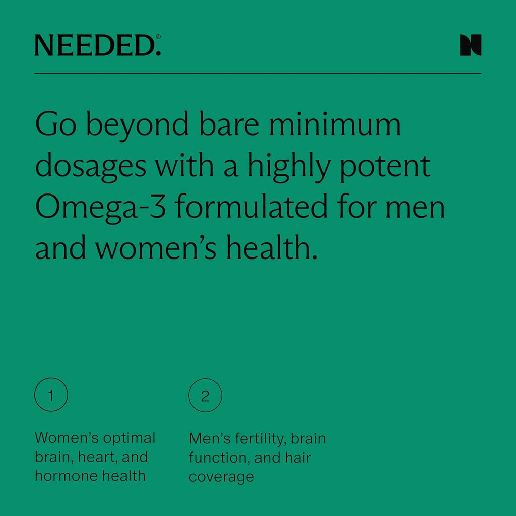 Needed. Prenatal Omega-3 - High Potency Dose of Sustainably Sourced Fish Oil, 1000mg DHA, 1000mg EPA, Encased in a Gelatin-Free, Plant-Based Softgel Shell