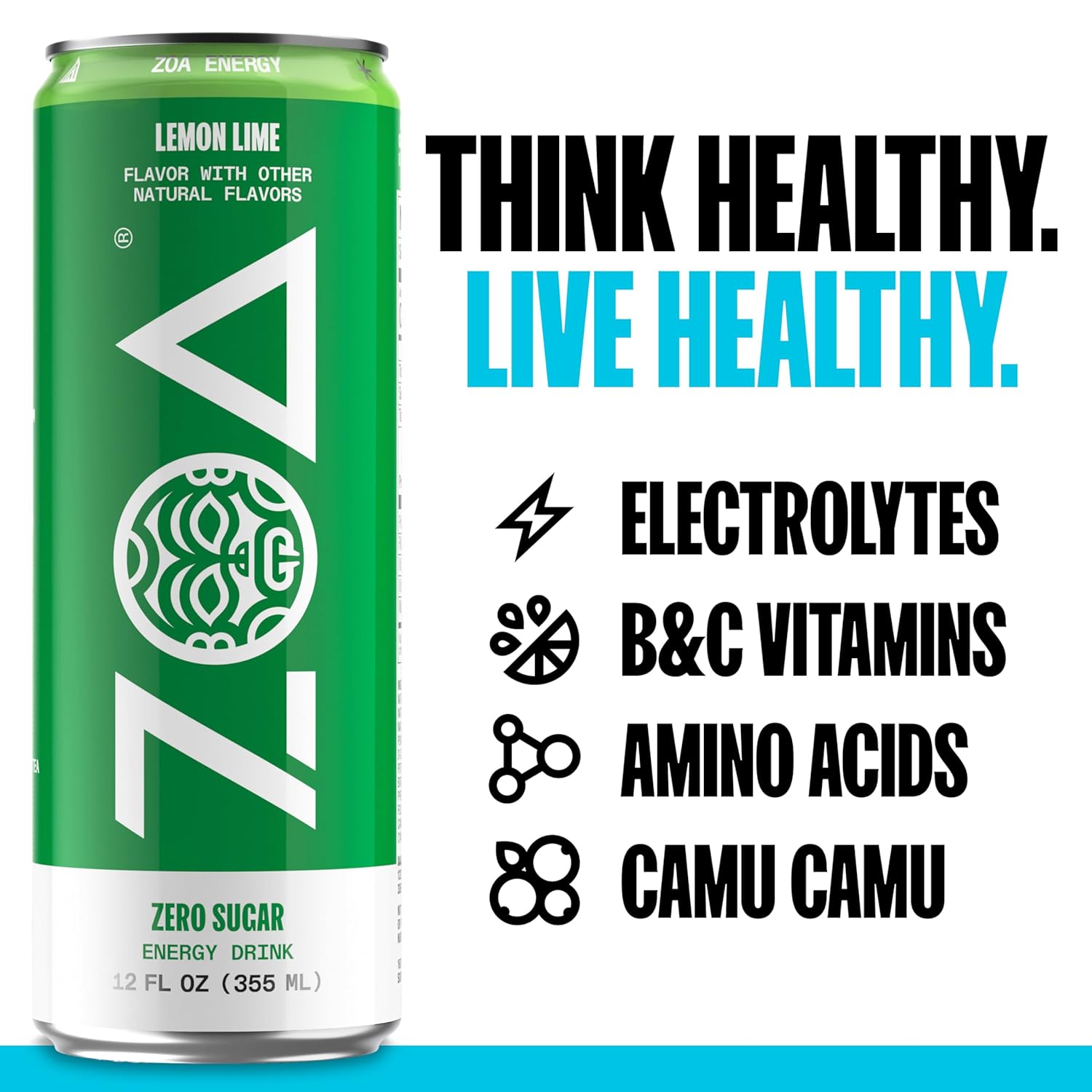 ZOA Energy Sugar Free Energy Drinks With Electrolytes For Hydration, Lemon Lime - 12 Fl Oz (12-Pack)