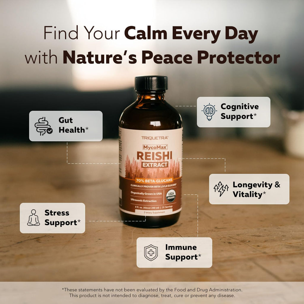 Organic Reishi Mushroom Extract - 70% Beta Glucans - Highest Active Nutrient Levels, Max Potency Cordyceps Tincuture, US Grown + Ultrasonic Extraction - Energy, Immunity, Sleep and Stress - 8 oz.