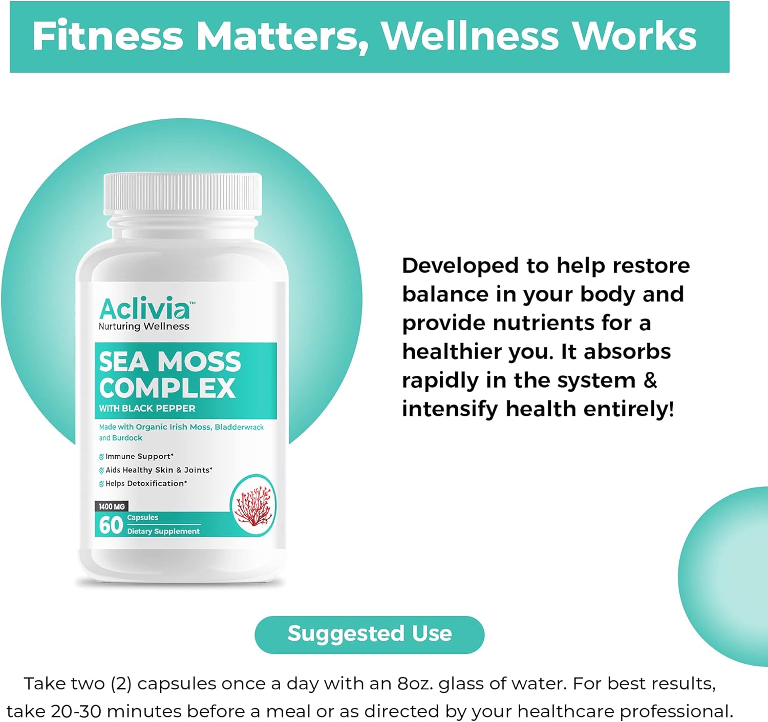 Organic Irish Sea Moss Capsules with Bladderwrack & Burdock Root - 102 Minerals Sea Moss Supplement - Thyroid Support, Immune Boost - Non-GMO (60 Count)