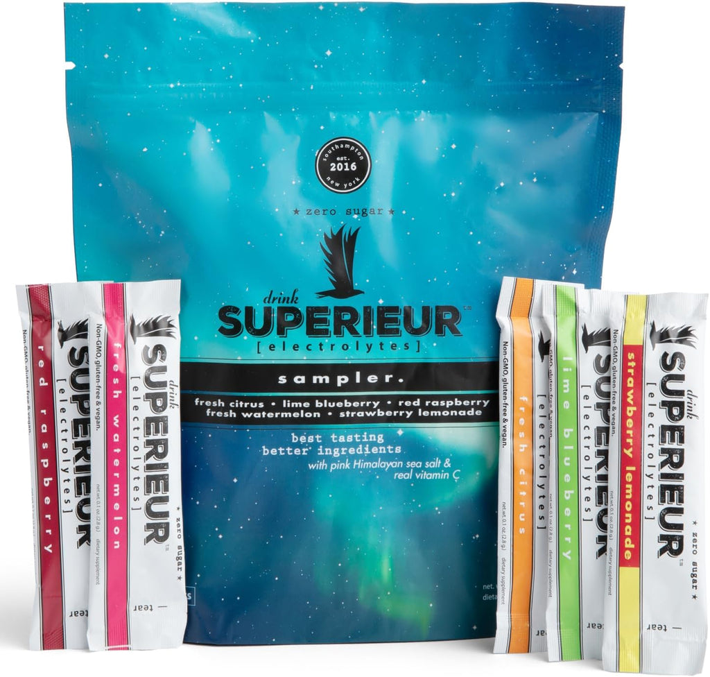 Superieur Electrolyte Powder Packets - Vegan Electrolyte Hydration Powder w/Sea Minerals - Keto Friendly, Non-GMO, Zero Sugar Electrolyte Supplement-Healthy Sports Drink -Sampler Pack (20 Packets)