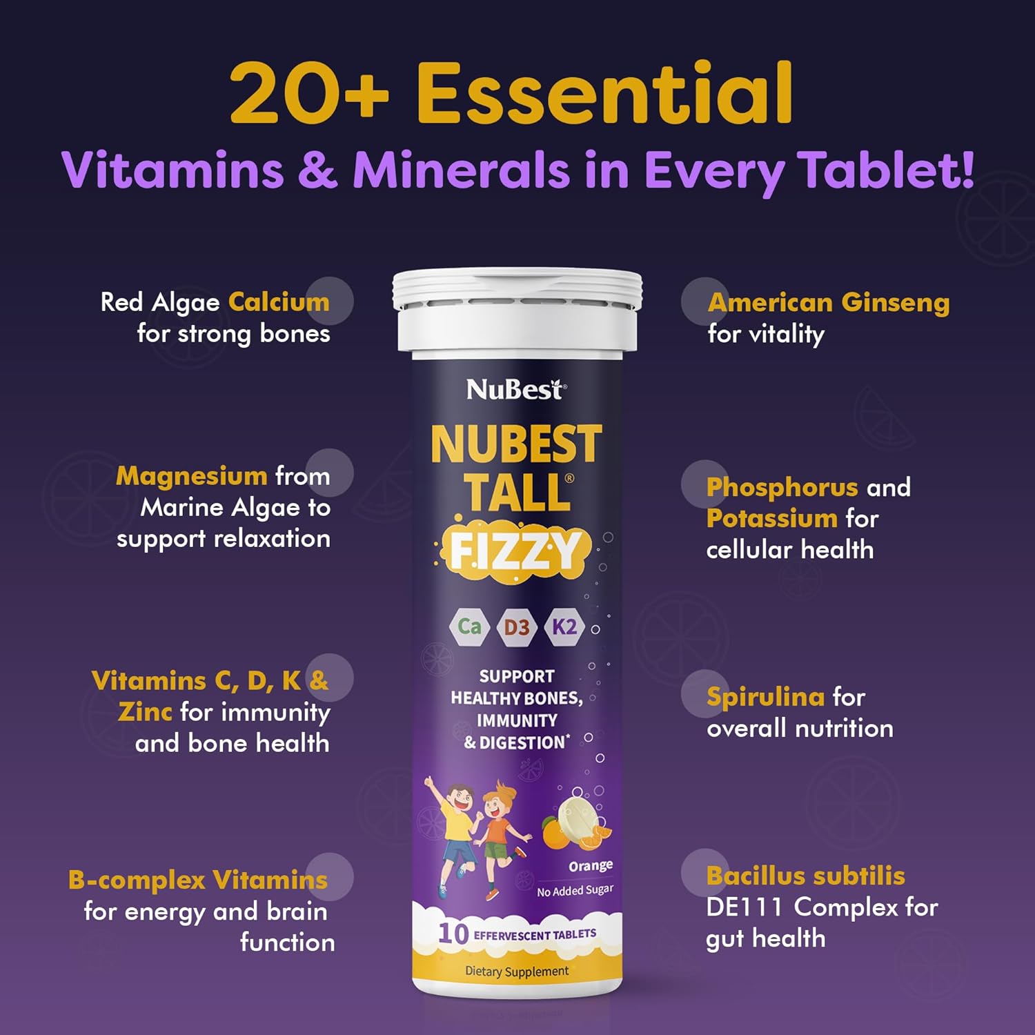 NuBest Tall Fizzy - Bone Strength, Immunity, Digestive Health for Kids & Teens | Probiotic, Calcium, Magnesium from Red Marine Algae, Vitamin D3, K2 & Zinc | 30 Orange Effervescent Tablets - Ages 4+