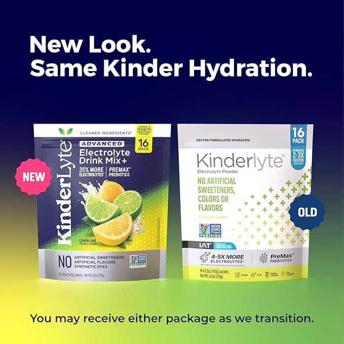 Kinderlyte Advanced Electrolyte Powder for Kids and Adults - Drink Mix Hydration Packets (Lemon Lime, 16 Count), with PreMax Prebiotics, No Artificial Sweeteners or Flavors, No Synthetic Dyes