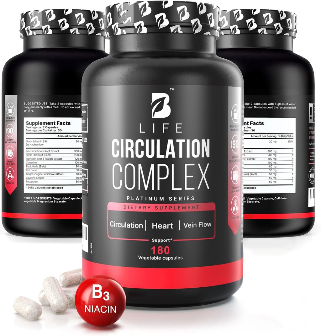 Butcher’s Broom, Horse Chestnut, L-Arginine and Resveratrol, Circulation Complex | 180 Caps - 45 Days | Made in USA by B Life. (CirculationUSA)
