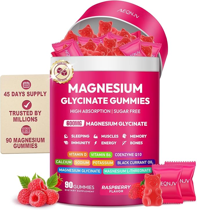 Magnesium Glycinate Gummies 600mg, High Absorption Magnesium Supplement, Sugar Free Chewables Gummies with L-Threonate, VitaminD & B6, CQ10 for Adults & Kids, Relax, Muscle & Zzz Support