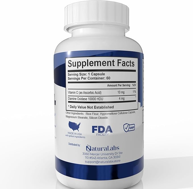 DAO Supplements Histamine Blocker – DAO Enzyme + Diamine Oxidase & Vitamin C for Gut Health & Food Support – 60 Servings - 1 Capsule Before Meals for Histamine Intolerance